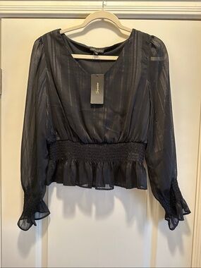SAYLOR Black Sheer Stripe Smocked Waist Peplum Blouse